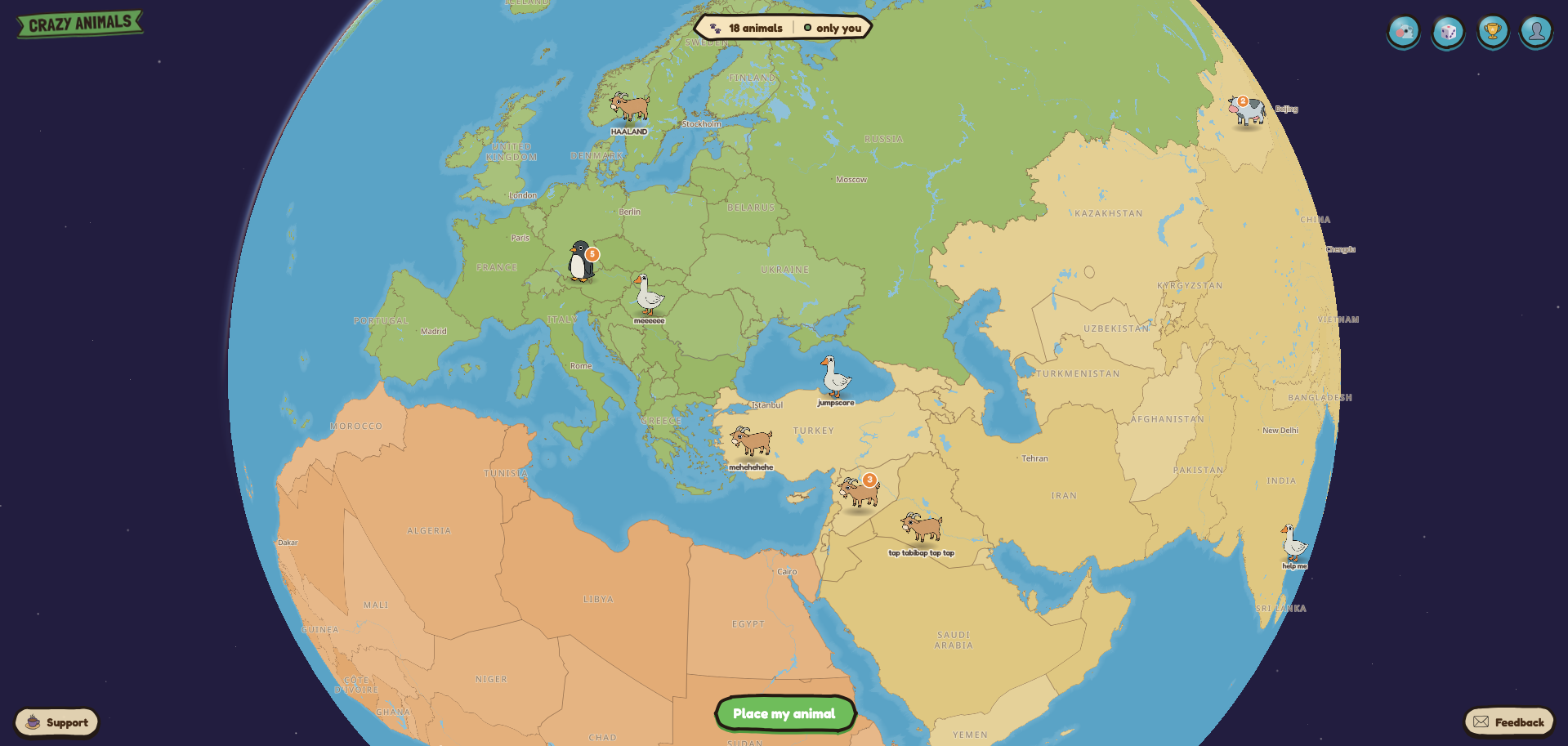 Crazy Animals: a 3D world map with animals placed by visitors